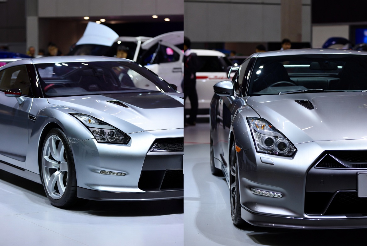 2005 Nissan GT-R Proto on the Tokyo Motor Show floor under dramatic spotlighting