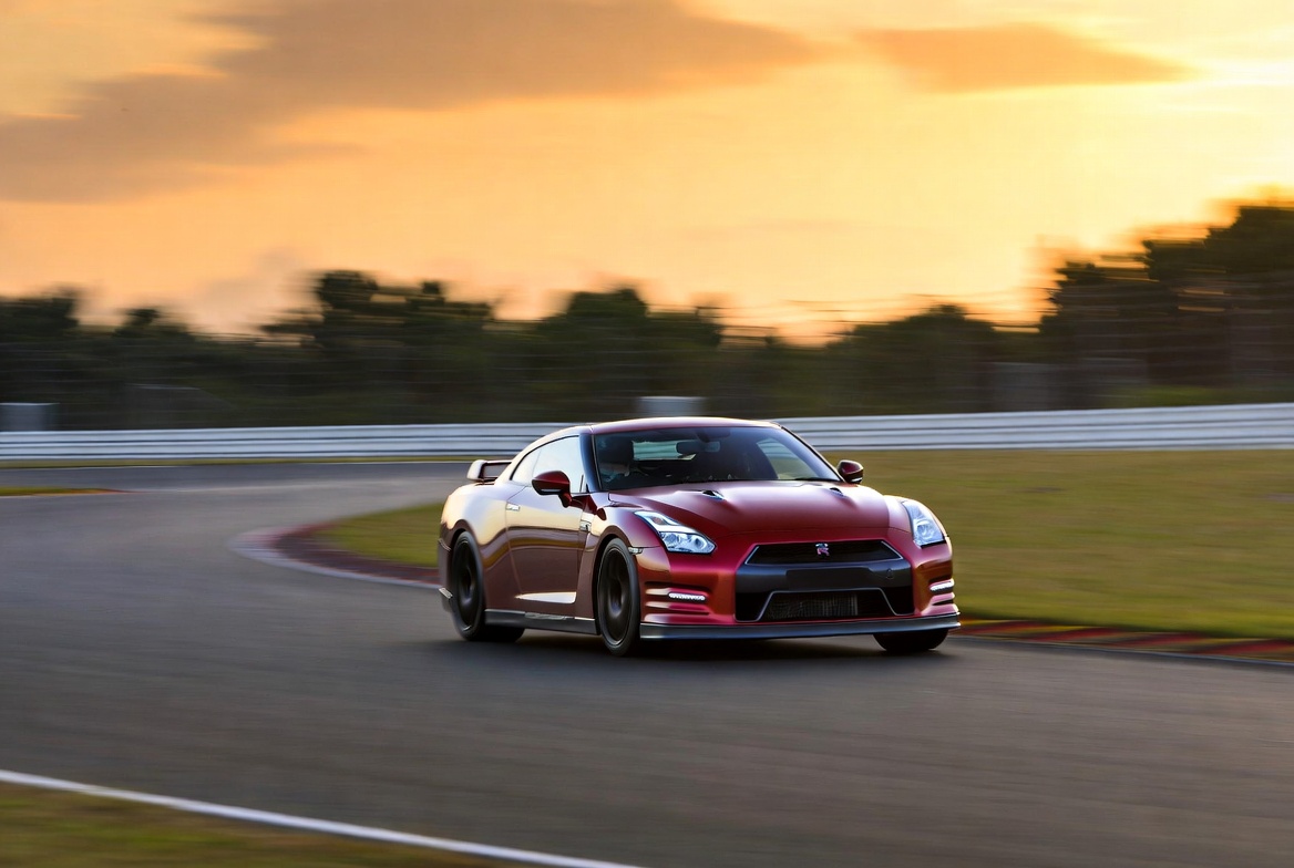 R35 GT-R on track at Fuji Speedway showing full commitment through corner