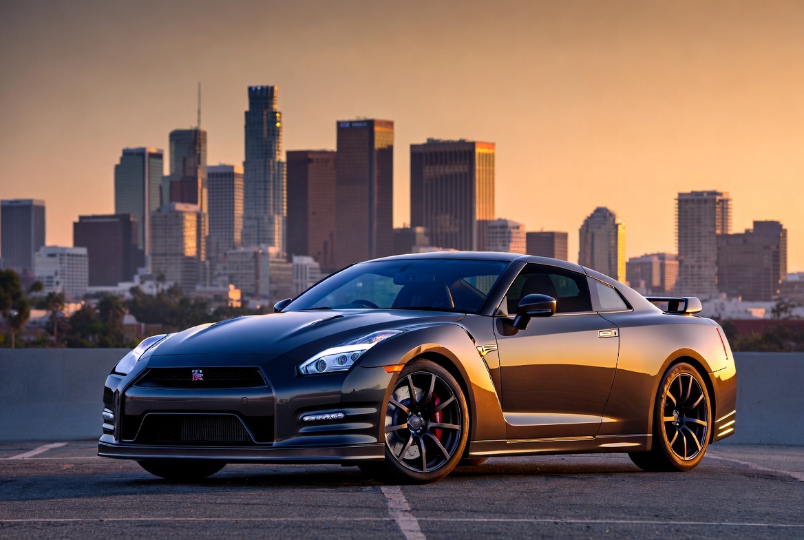 R35 GT-R on track at sunrise showing the Proto engineering legacy in motion